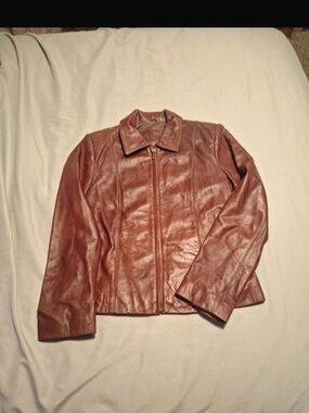 Women’s vintage genuine leather  Zip-Front Jacket brown red